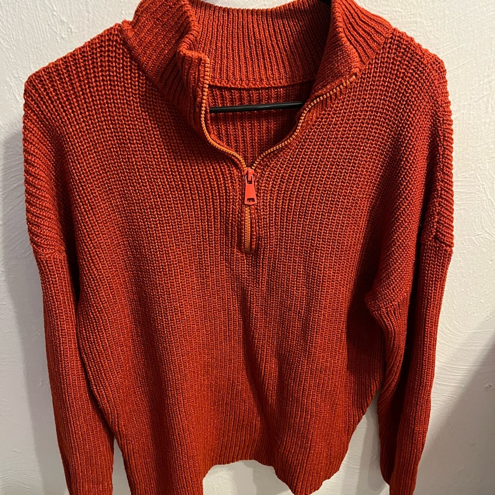 Warm Orange Knit Half-Zip Sweater